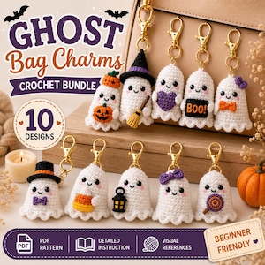 May include: Ten white crochet ghost bag charms with gold-tone lobster clasps. Each ghost features unique accessories including a pumpkin, witch hat, broom, purple heart, BOO sign, bow tie, candy corn, lantern, and lollipop. Text reads GHOST Bag Charms.