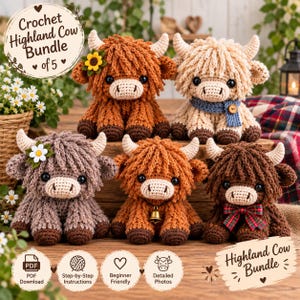 May include: A set of five crocheted Highland cow plush toys in various colours including brown, cream, and grey. Each cow features textured yarn, small horns, and dark eyes. Accessories include a sunflower, a blue scarf, a daisy, a bell, and a plaid bow.