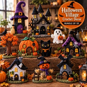 May include: A collection of ten crocheted Halloween decorations including a purple witch house, a grey castle, a ghost, a pumpkin house, a black cat, a tree, a house with a ghost, a scarecrow, and a windmill, all featuring warm interior lighting.