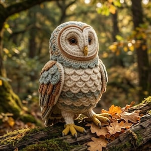 May include: A crocheted owl figurine featuring a cream-colored face with dark brown eyes and a yellow beak. The body is covered in layered, scalloped feathers in shades of cream, sage green, and tan. It has yellow feet with dark claws.