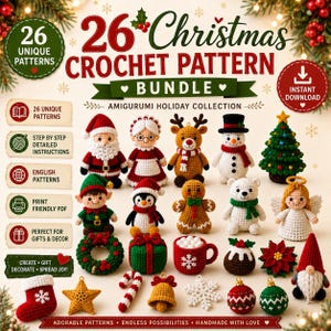 Op de afbeelding: Een digitaal pakket met 26 kersthaakpatronen met amigurumi-figuren waaronder de kerstman, kerstvrouw, rendier, sneeuwpop, kerstboom, elf, pinguïn, peperkoekmannetje, ijsbeer, engel, krans, cadeau, mok, pudding, kerstster, kabouter, kous, ster, zuurstok, bel, sneeuwvlok en ornamenten.