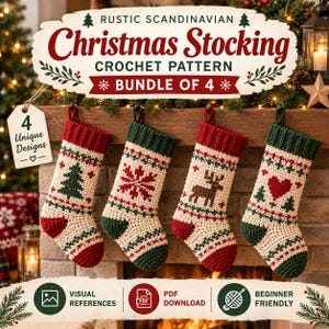 Op de afbeelding: Vier gehaakte kerstsokken met rode, groene en crèmekleurige patronen waaronder een boom, sneeuwvlok, rendier en hart. De tekst luidt Rustic Scandinavian Christmas Stocking Crochet Pattern Bundle of 4, 4 Unique Designs, Visual References, PDF Download en Beginner Friendly.