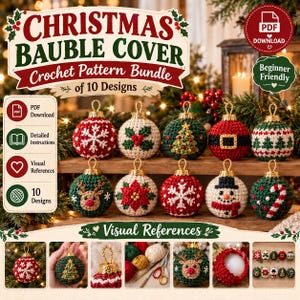 Puede incluir: Un paquete de patrones de ganchillo para 10 fundas de bolas de Navidad. La imagen muestra varios adornos tejidos con diseños como copos de nieve, renos, muñecos de nieve y bastones de caramelo, junto con texto sobre las instrucciones en PDF.