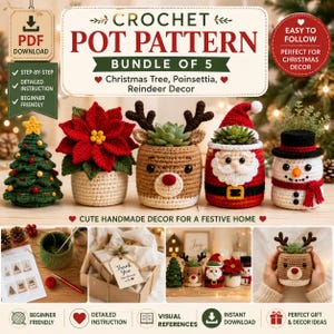 Può includere: Un pacchetto di 5 schemi per uncinetto in formato PDF digitale con disegni di albero di Natale, stella di Natale, renna, Babbo Natale e pupazzo di neve. L'immagine mostra cinque coprivasi all'uncinetto, testo illustrativo e foto degli oggetti.