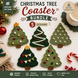 May include: A crochet pattern bundle for five Christmas tree coasters. The image displays five distinct green tree-shaped coasters with brown trunks, featuring various decorations like small pom-poms, white stitching, and colourful bunting flags.