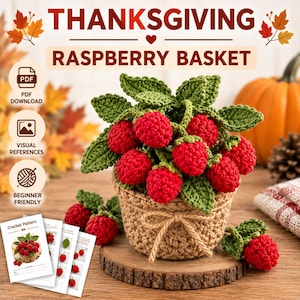 Puede incluir: Una cesta de frambuesas de ganchillo con bayas rojas brillantes y hojas verdes en un recipiente tejido color canela con un lazo de cuerda. El texto dice THANKSGIVING RASPBERRY BASKET, PDF DOWNLOAD, VISUAL REFERENCES, BEGINNER FRIENDLY.