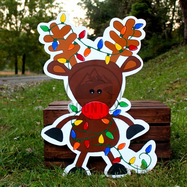 Reindeer Tangled in Christmas Lights Sign Wall Door Hanger Plaque Hand Painted Wooden Door Hanger