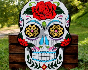 Sugar Skull Sign Wall Door Hanger Plaque Hand Painted Wooden Door Hanger