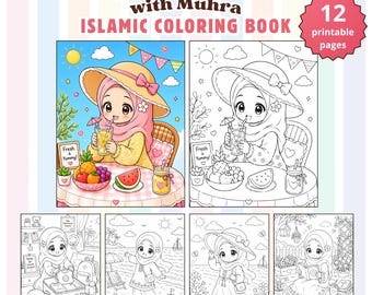 May include: A colorful "Summer with Muhra Islamic Coloring Book" with 12 printable pages. The cover features a cartoon girl in a hijab enjoying a drink. Additional panels show coloring pages with summer themes, including beach scenes and picnics.