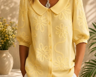 Elegante bloemen geborduurde Peter Pan kraag casual damesblouse