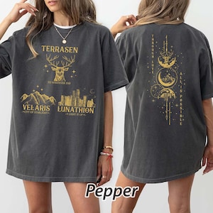 Puede incluir: Una camiseta gris carbón de manga corta con estampados gráficos dorados. El frente muestra un ciervo, montañas y un horizonte urbano con el texto Terrasen, Velaris y Lunathion. La parte posterior muestra un diseño vertical de lunas y estrellas.