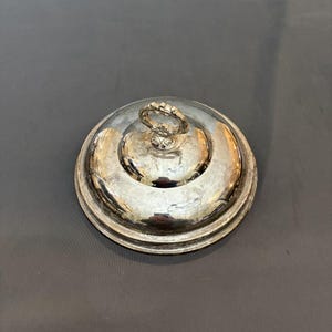 Puede incluir: Tapa redonda plateada para fuente de servir con asa decorativa. La tapa tiene un borde elevado y un asa circular con un diseño detallado. La superficie metálica refleja la luz. La tapa parece ser de metal.