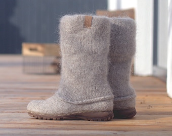 Felted boots natural beige brown - felted wool boot valenki - wool boots - felt boot