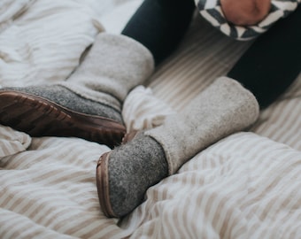 Boiled wool shoes from organic wool with rubber soles and knitted uppers