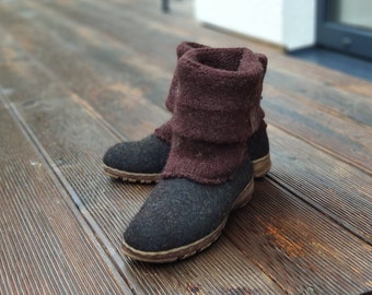 Handmade Boiled wool slippers for women from organic wool with rubber soles and knitted uppers