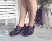 Felted low heel wedges, brown crochet top comfortable heels