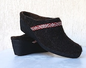 Felted wool wedge clogs dark brown with ribbon - organic wool shoes - women shoes in brown - felted mules