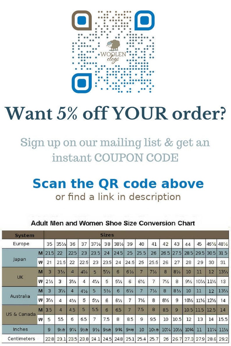 May include: A chart showing adult shoe size conversions for men and women in different systems, including European, Japanese, UK, Australian, US & Canada, inches, and centimeters. The chart includes a QR code and the text "Want 5% off YOUR order? Sign up on our mailing list & get an instant COUPON CODE Scan the QR code above or find a link in description."