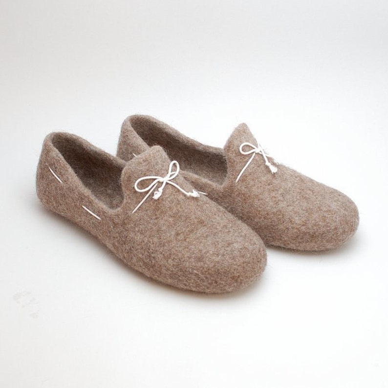 Felted wool loafers cappuccino with white laces handmade natural organic wool slippers