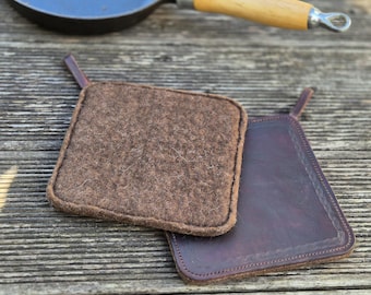 Felt and leather pot holder handfelted and hand stitched