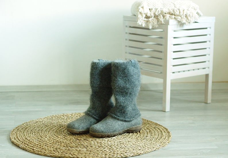 Felt boots natural gray black felted winter wool boot valenki Tan