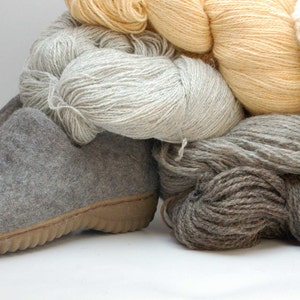 May include: Two gray felt slippers with a brown sole, sitting on a pile of yarn in various colors, including white, beige, and brown.