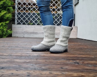 READY to SHIP in size EU38/us women's 7.5 Grey boiled wool shoes from organic wool with black rubber soles and knitted uppers