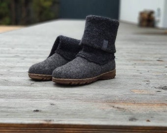 Boiled wool shoes from organic wool with rubber soles and knitted uppers in dark gray