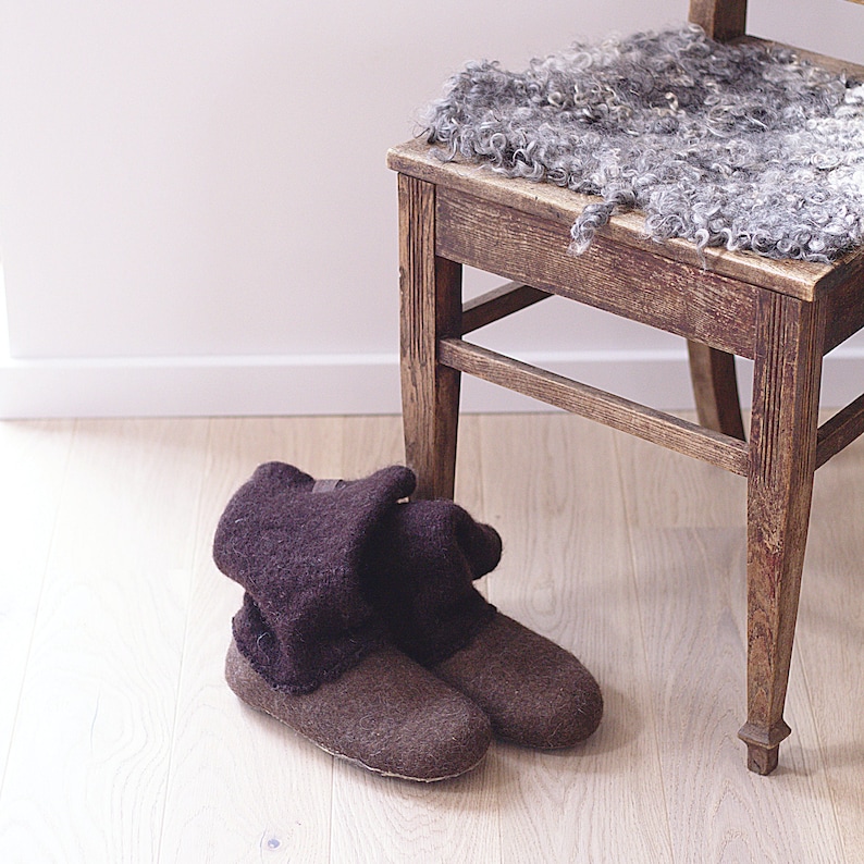 Felted handmade wool slippers, brown