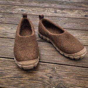 Mens felted shoes from natural dark brown wool