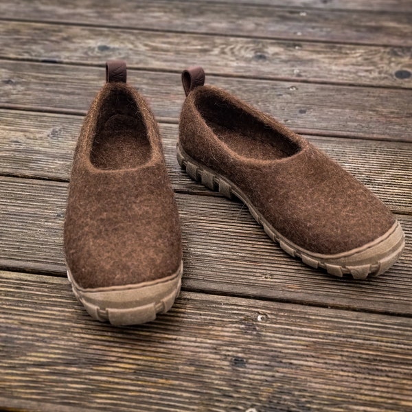 Mens felted shoes from natural dark brown wool