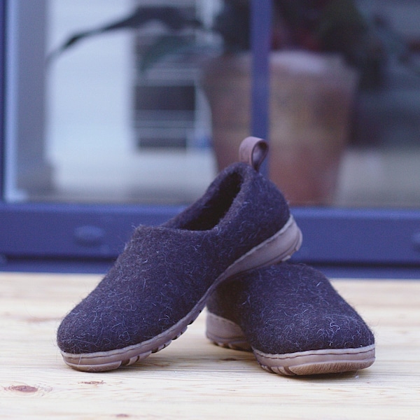 Dark brown eco friendly shoes, felted boiled wool clogs