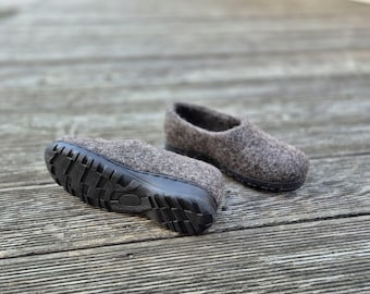 Wool Shoes for Women: Dark Gray Felted Clogs, Black Rubber Soles (EU37/US7.5)