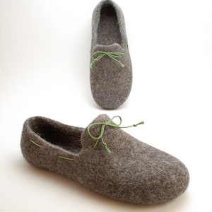 Men felt slipper loafers gray with green laces handmade natural organic wool house shoes image 2