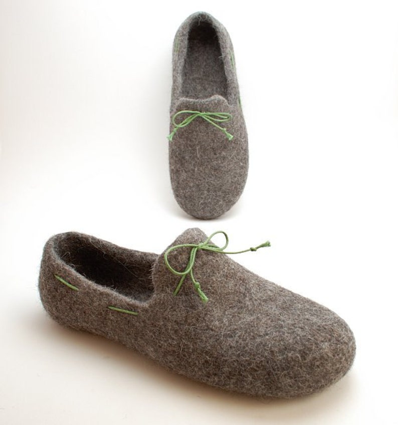 Men felt slipper loafers gray with green laces handmade natural organic wool house shoes image 2