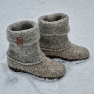 Warm beige wool shoes, valenki from organic wool with rubber soles and knitted uppers