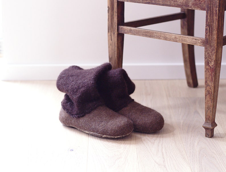 Felted handmade wool slippers, brown