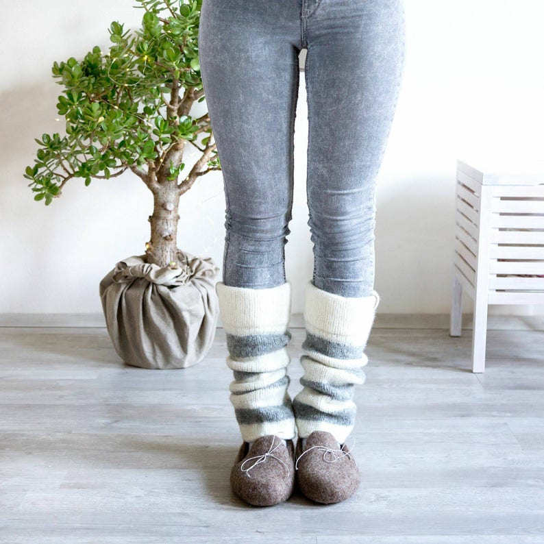 Felted wool loafers cappuccino with white laces handmade natural organic wool slippers
