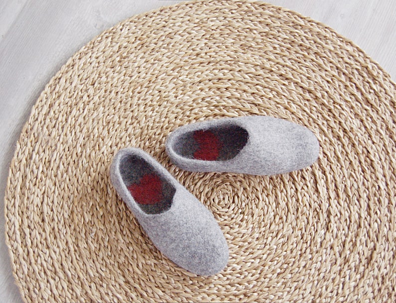 Cute House Slippers From Grey Organic Wool With Hearts in Etsy