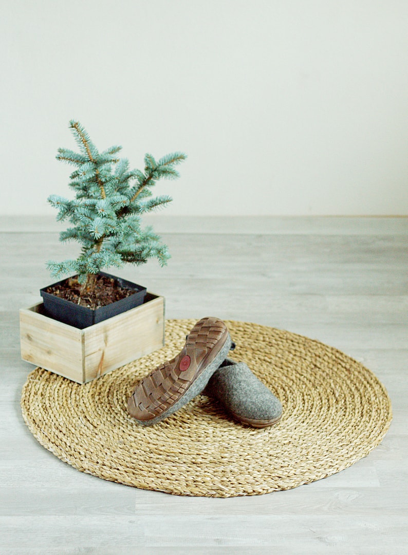 Peut inclure: Une paire de pantoufles en feutre gris avec des semelles en caoutchouc brun sur un tapis rond tiss&eacute;. Un petit &eacute;pic&eacute;a bleu en pot se trouve en arri&egrave;re-plan.