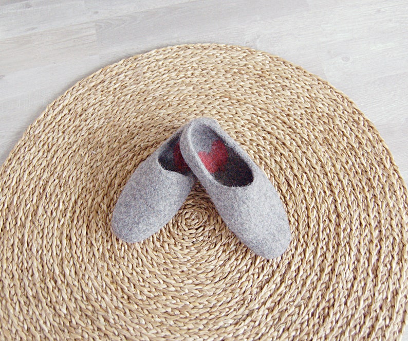 Cute house slippers from grey organic wool with hearts in Etsy