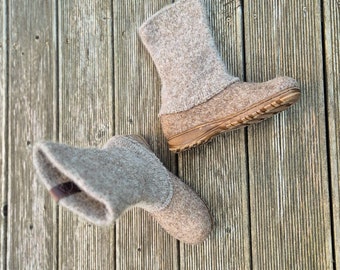 Warm cappuccino wool shoes, valenki from organic wool with rubber soles and knitted uppers
