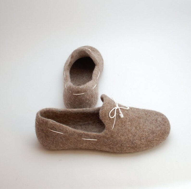 Felted wool loafers cappuccino with white laces handmade natural organic wool slippers