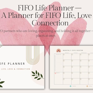 Può includere: Immagine promozionale per un FIFO Life Planner. L'immagine presenta due design di planner: uno con un design di copertina e l'altro un calendario mensile. Il design della copertina include testo ed elementi decorativi. Il calendario mensile ha un arcobaleno.