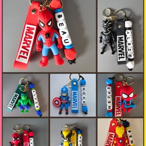 May include: A collection of Marvel-themed keychains featuring various superhero figures, including Spider-Man, Black Panther, Hulk, Captain America, Deadpool, Wolverine, and Iron Man, paired with personalised name beads and red, blue, or black straps.