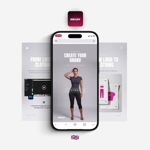 May include: A smartphone displays a course titled "Create Your Brand" with a woman in athletic wear. The app's interface includes the Swany logo and a video tutorial. The image also shows steps for creating clothing.