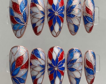Patriot Stained Glass Press On Nails Handmade Custom Fake Glue On Nails 4th of July Independence Day Mosaic Glitter Red White Blue