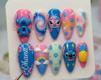 Kawaii Stitch Angel Press on Nails Handmade 3D Stitch Nails Cute Ohana Rainbow False Nails High Quality Luxury Tropical Custom Nail Art Set