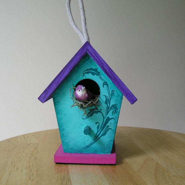 Handpainted Colorful Small Decorative Scroll Teal Birdhouse