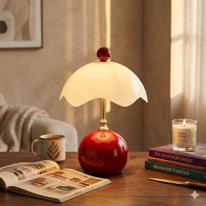 May include: A red and gold table lamp with a white lampshade. The lamp has a round red base and a gold stem. A lit candle, books, and a mug are on the wooden table.